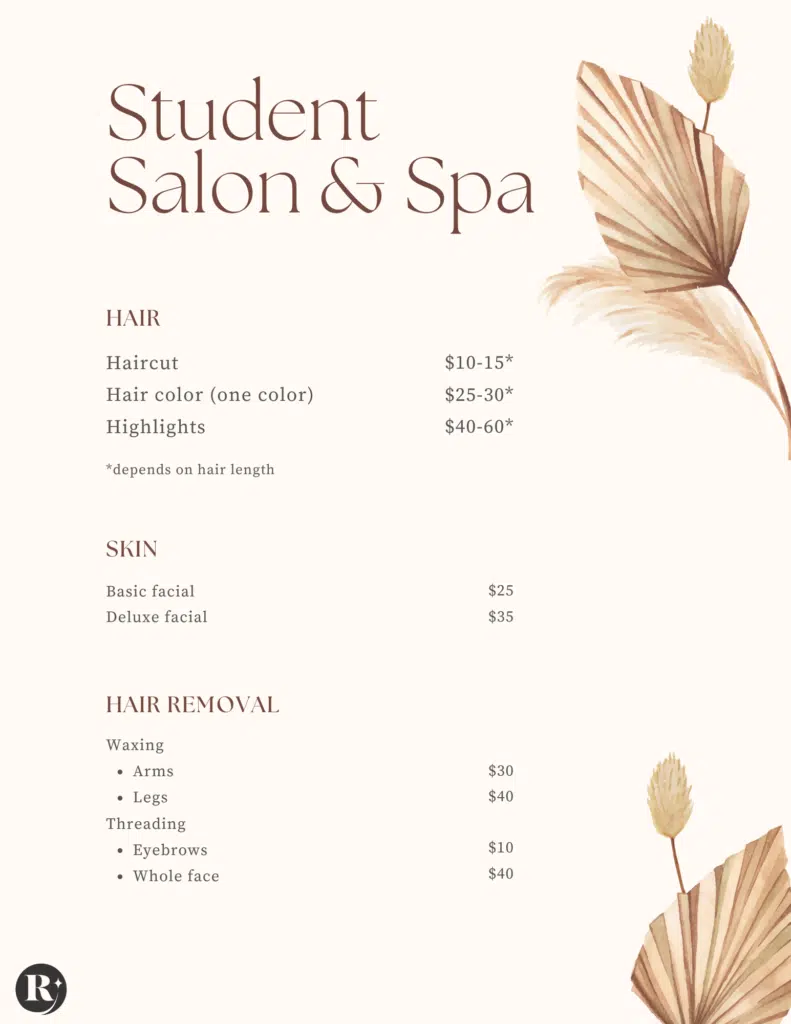 Student Salon menu