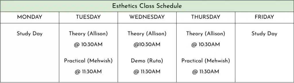 Esthetics Class Schedule 